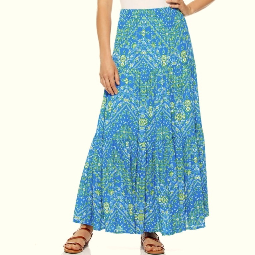 Scoop Blue Yellow Floral Printed Tiered Maxi Skirt